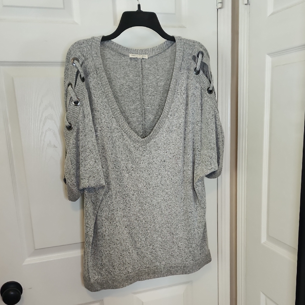 Grey Lace-Up Sleeve V-Neck Sweater Top